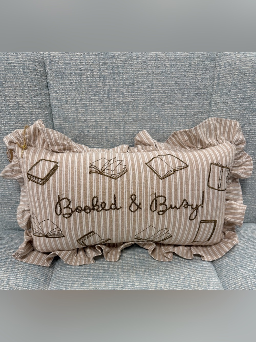 Booked & busy Striped Pinstripe Decorative Pillow Ruffles Embroidered